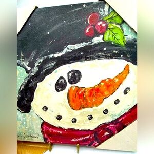Jolly Snowman Painting On Canvas Christmas Decor New Ready To Hang 12x12 Signed